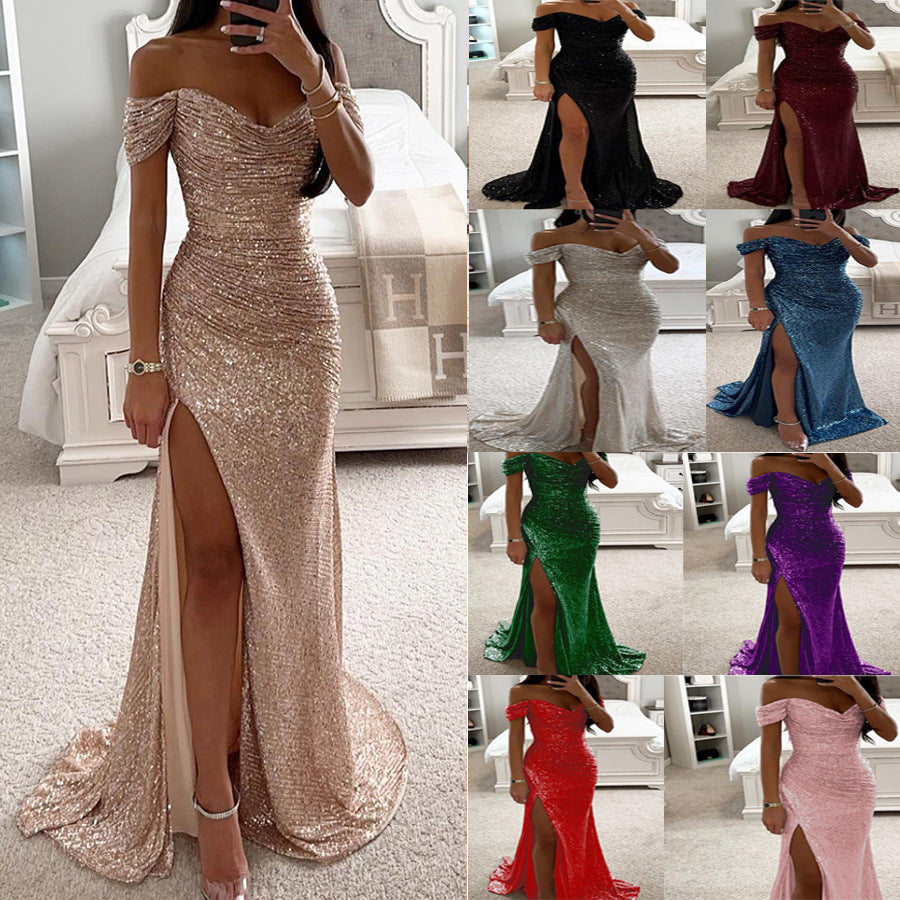 Sequined Off-Shoulder Slit Party Dress