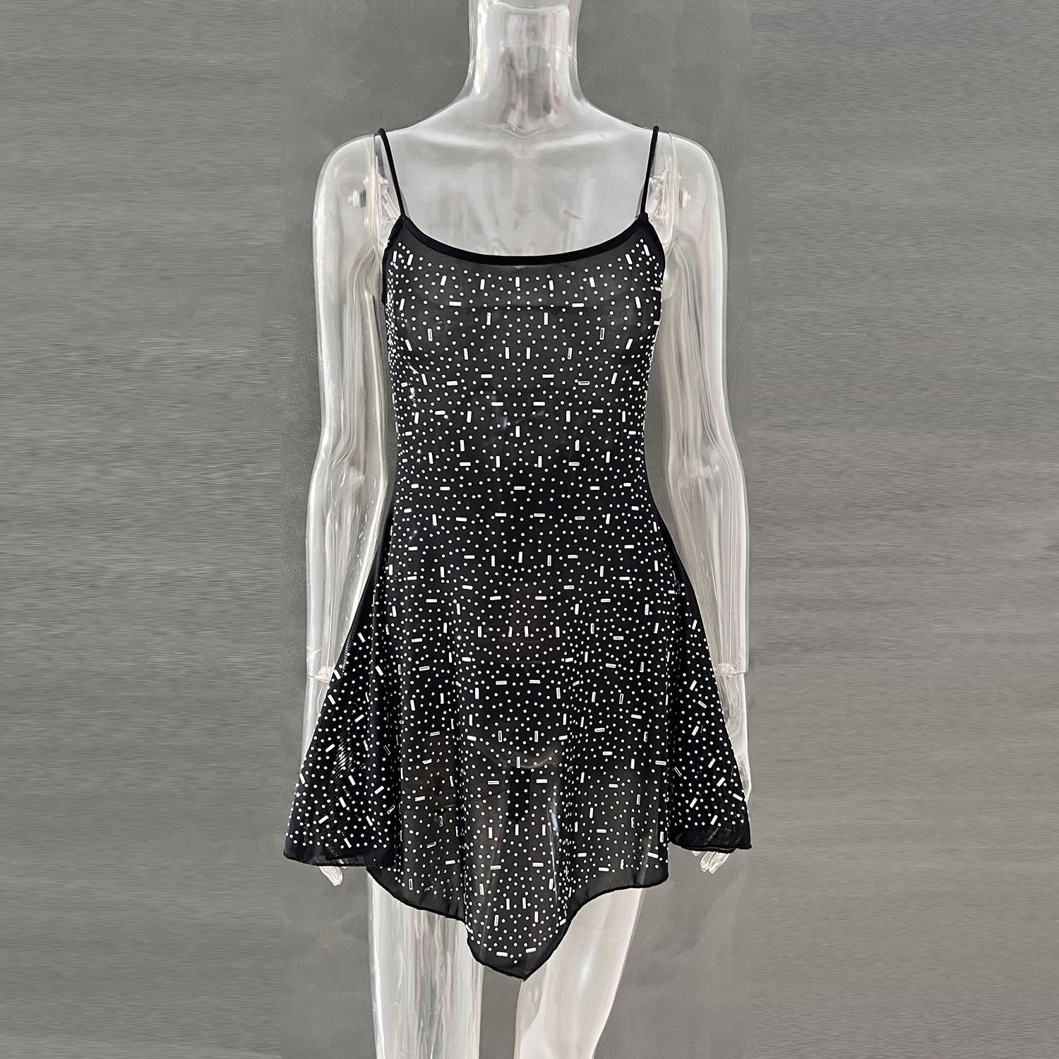 Crystal Embellished Sheer Slip Mini Dress