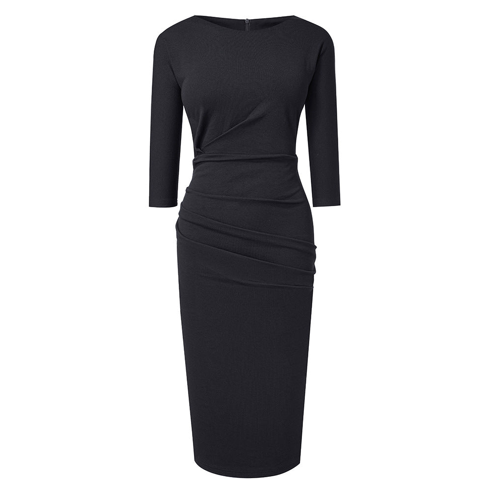 Pleated Wrap-Hip Round Neck Work Dress