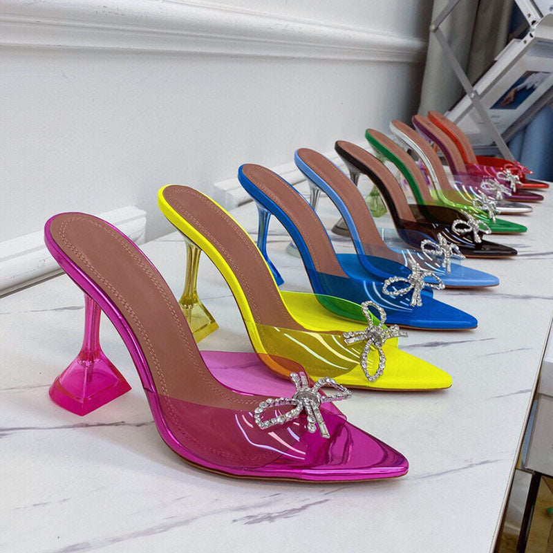 Rhinestone Bow Pointed-Toe Stiletto Sandals