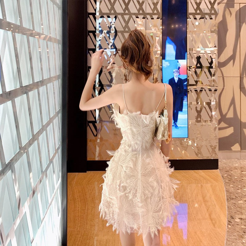 French white feather lace flower fairy dress