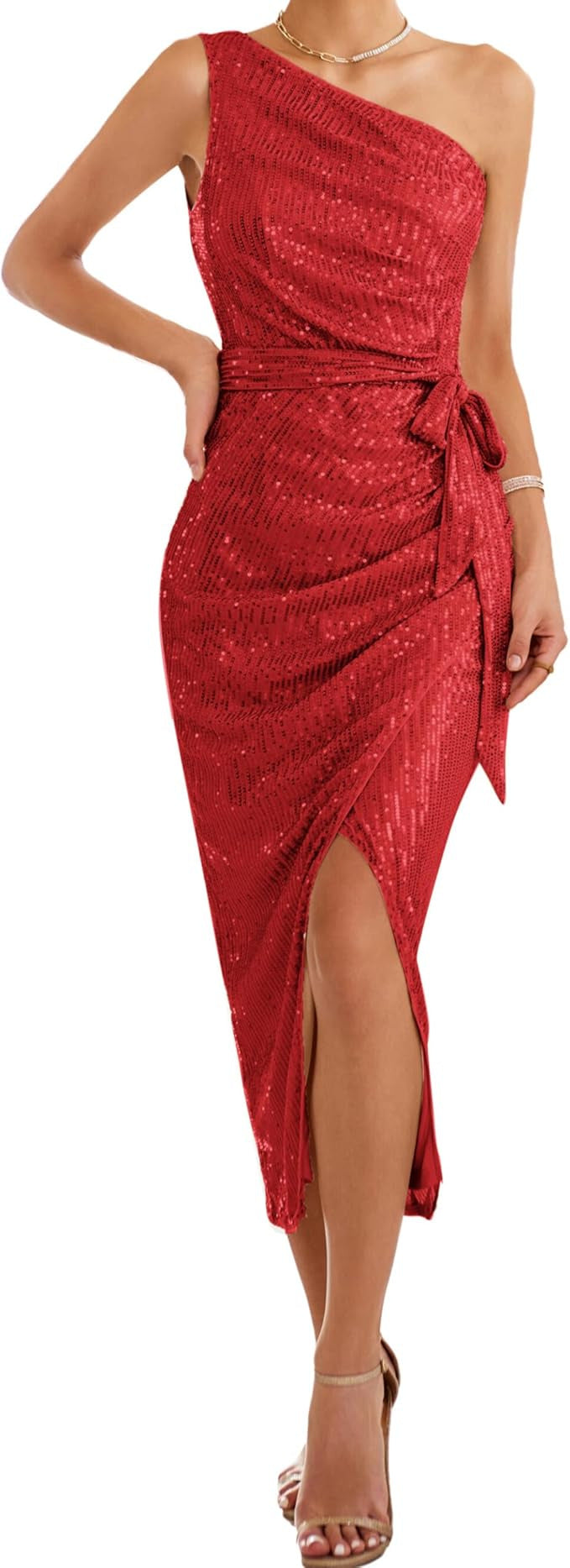 One-Shoulder Sequined Bodycon Slit Dress