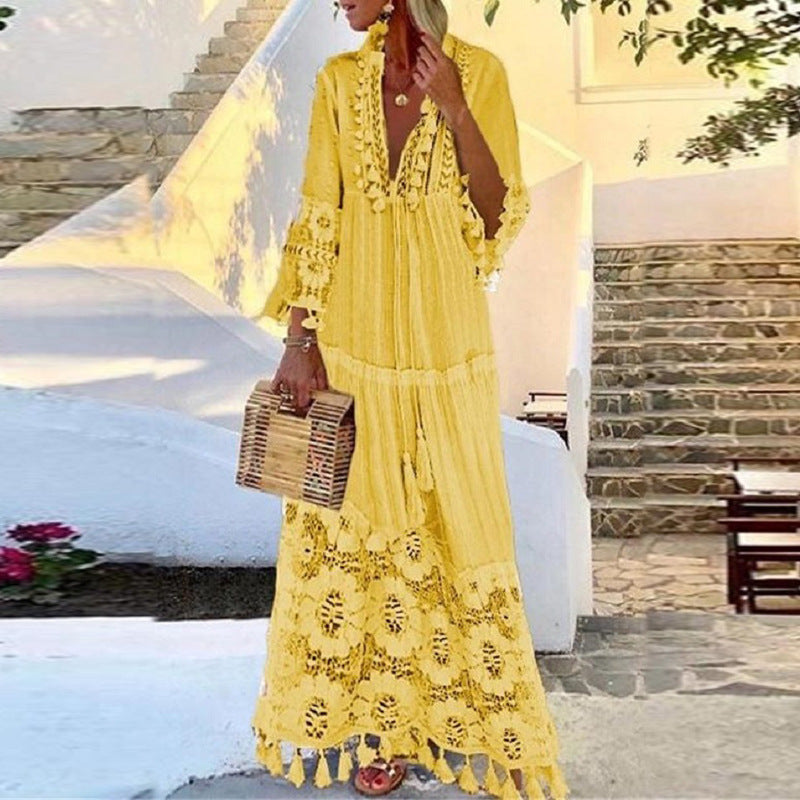 Bohemian Lace Tassel Beach Maxi Dress