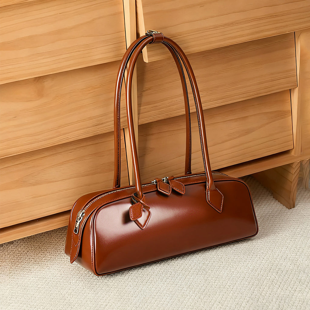 Red Leather Baguette Shoulder Bag