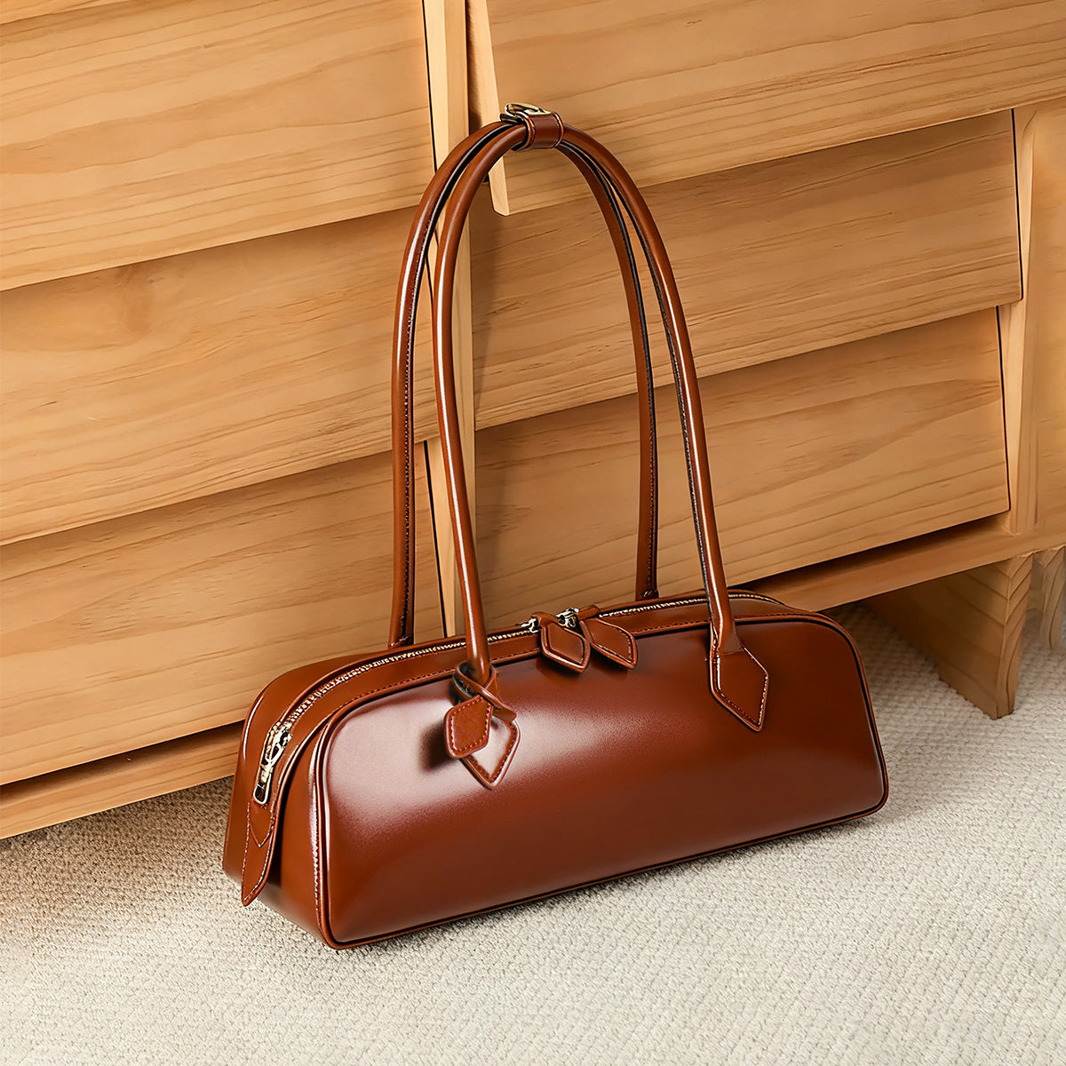 Red Leather Baguette Shoulder Bag