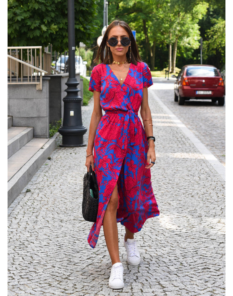 V-Neck Tied Waist Print Summer Dress