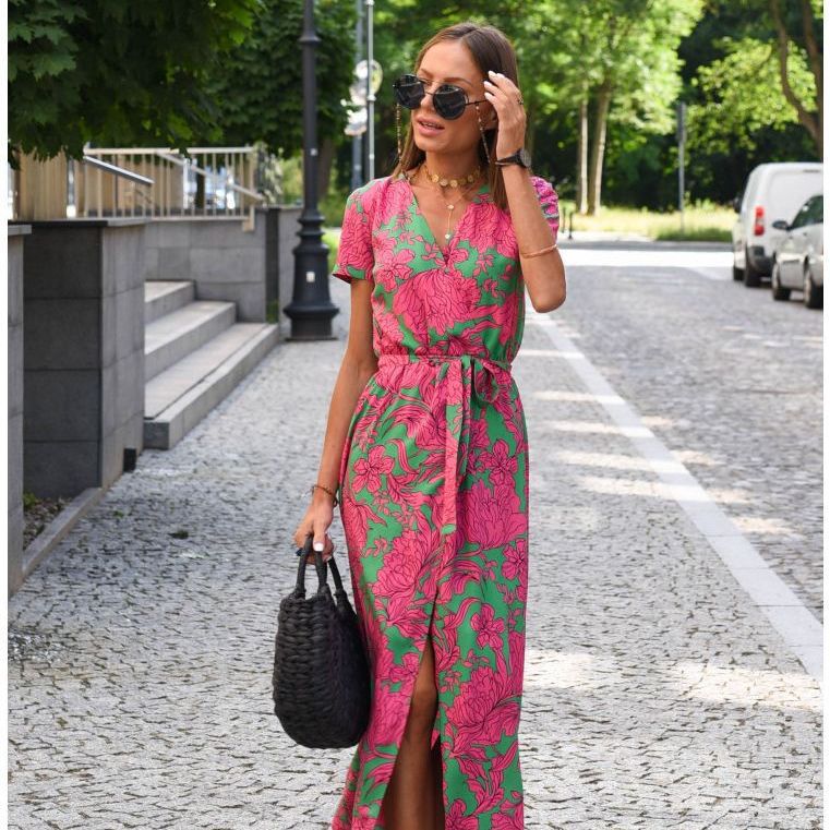 V-Neck Tied Waist Print Summer Dress
