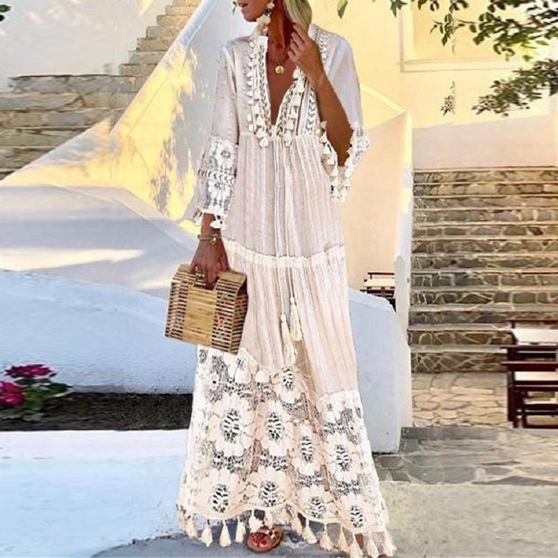 Bohemian Lace Tassel Beach Maxi Dress
