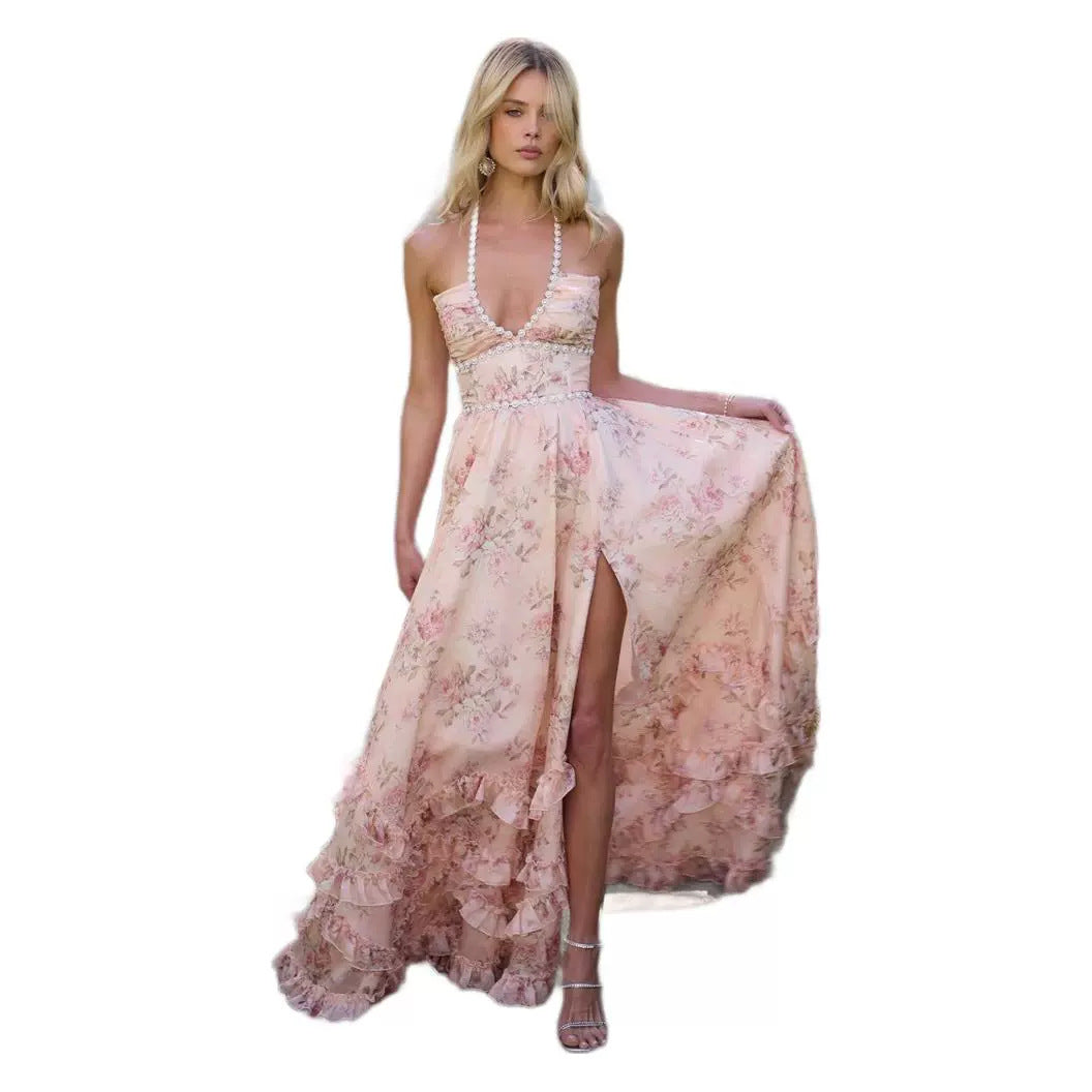 Printed Fitted Flare Vacation Maxi Dress