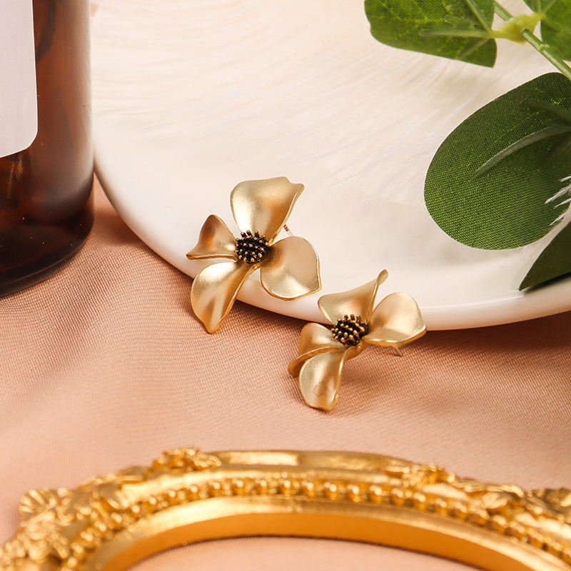 Gold Four-Petal Flower Stud Earrings