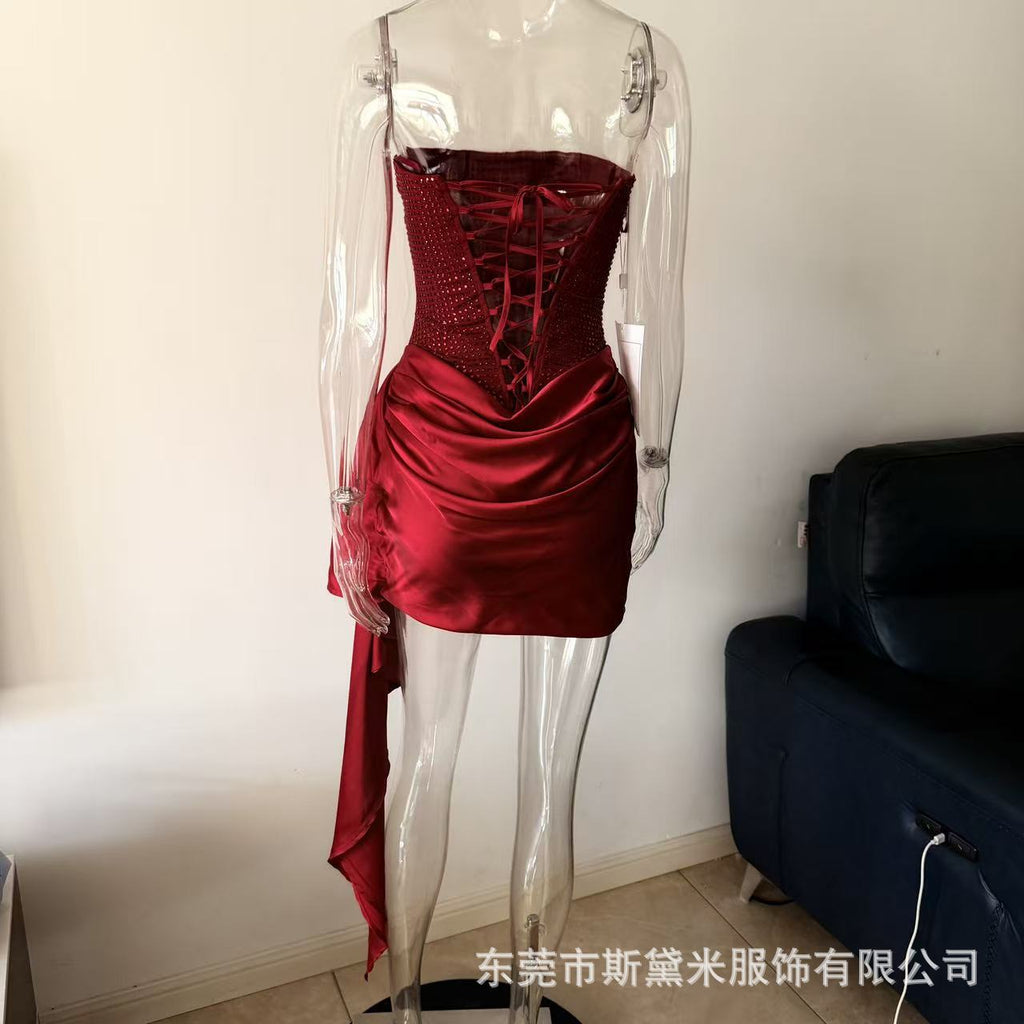 SDM211 Elegant Rhinestone Sparkling Sexy Bodycon Short Dress Party Dress Hot Girl Versatile New Arrival